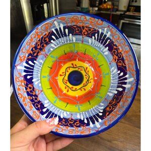 Hand-Painted Ceramic‎ Bowl From Spain With Vibrant Blue Orange & Yellow Patterns